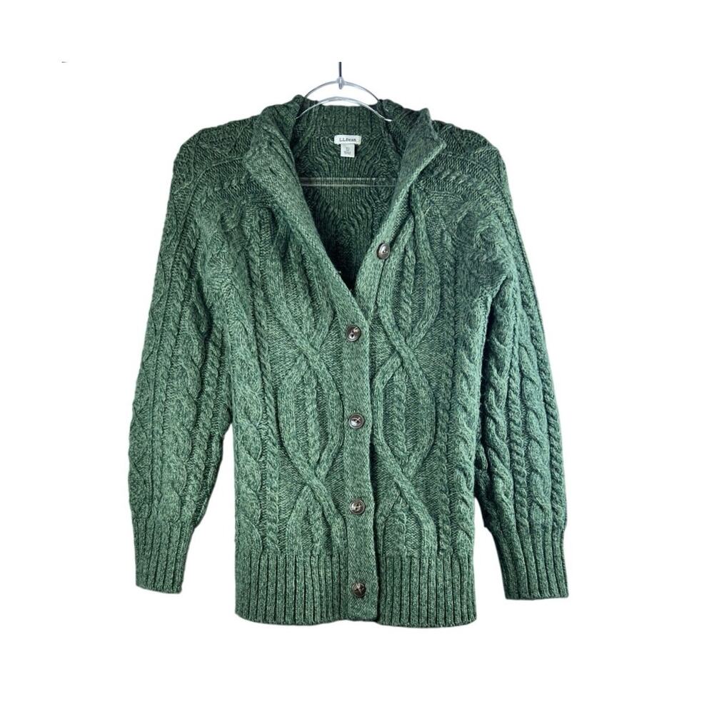 L.L. Bean Green Cable Knit Cardigan Wool Alpaca Blend Button Front Sweater XS